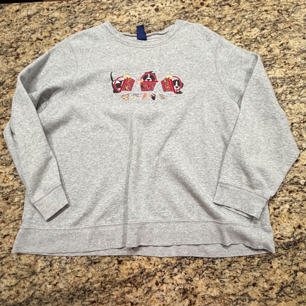 Basic Editions Gray Puppy Autumn Sweatshirt Womens 3X Fall Embroidered Pullover